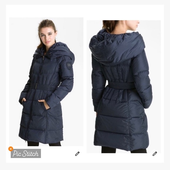 Add Navy Down Pillow Hood Belted Coat - Picture 1 of 16